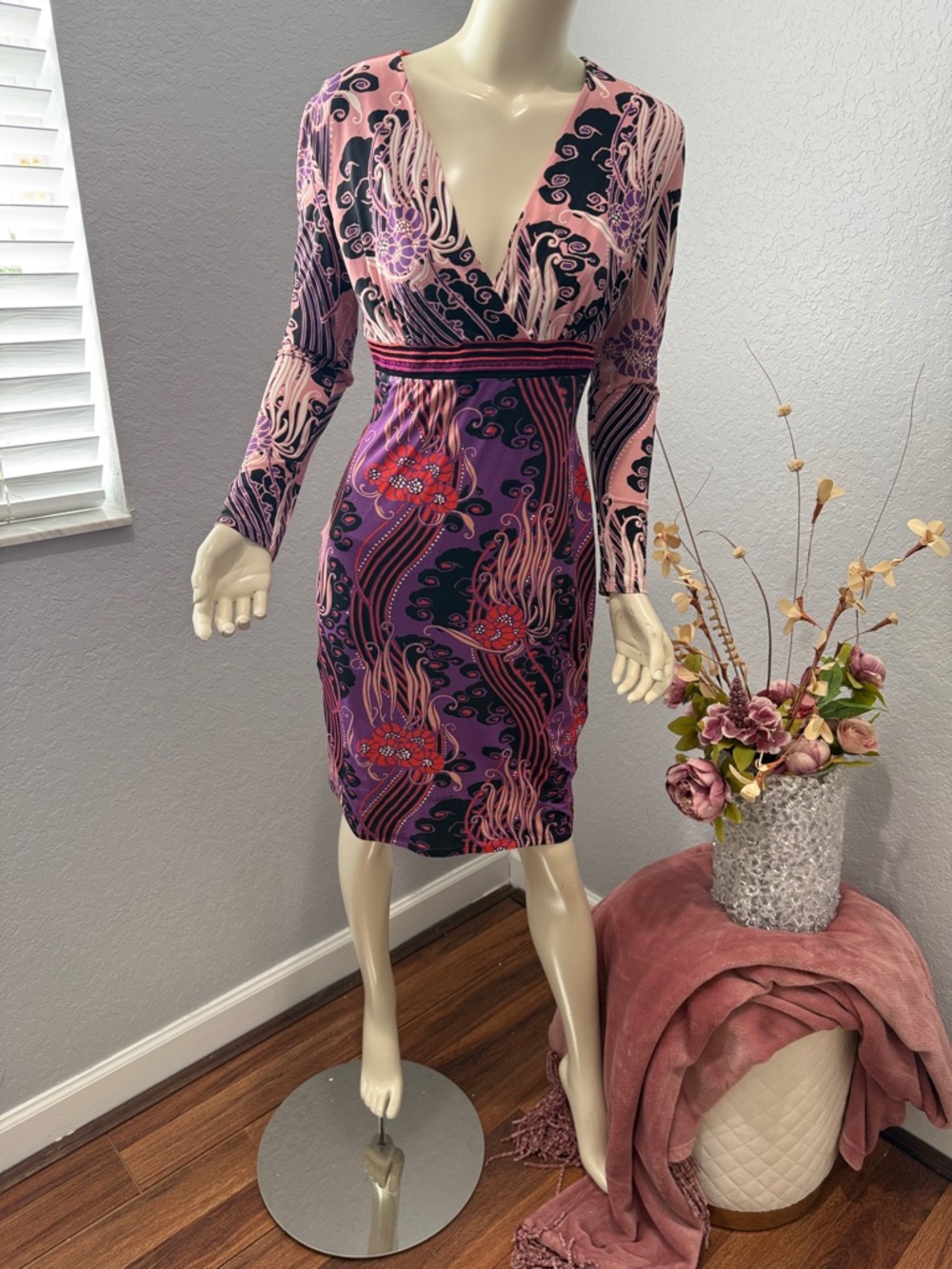 Roberto Cavalli Pink & Purple Abstract Wrap-Style Long Sleeve Dress